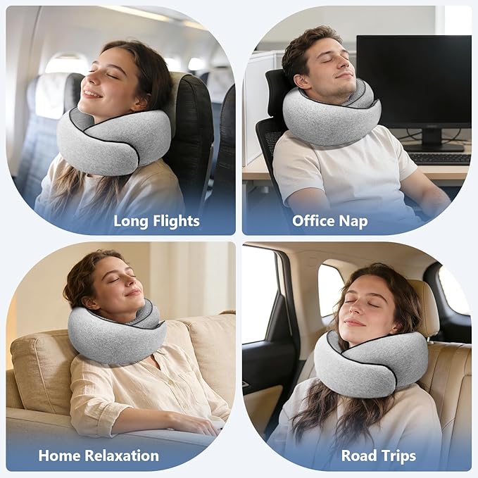 Travel Neck Pillow with 100% Pure Memory Foam, G-Shape, Includes Eye Mask & Ear Plugs, Ergonomic Design for Airplane, Car & Office, etc, Beige Gray