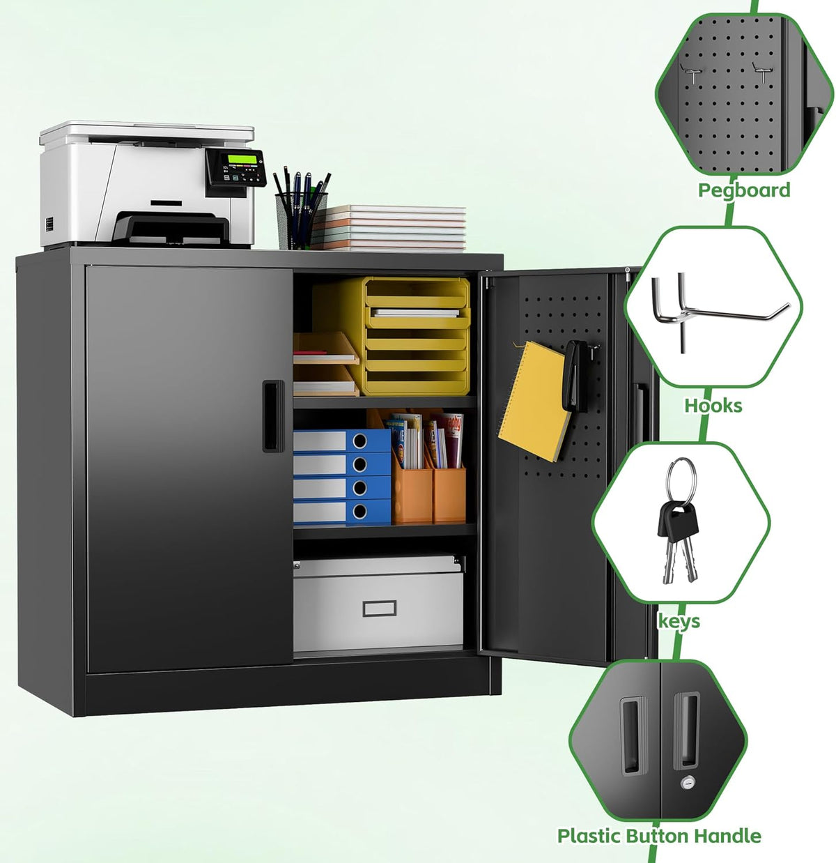 Metal Storage Cabinet with Pegboard 31.5”H×31.5”W×16.5”D, Lockable Rolling Steel Storage Cabinet with 2 Adjustable Shelves and Door for Garage, Office, Kitchen, Assembly Required(Black)