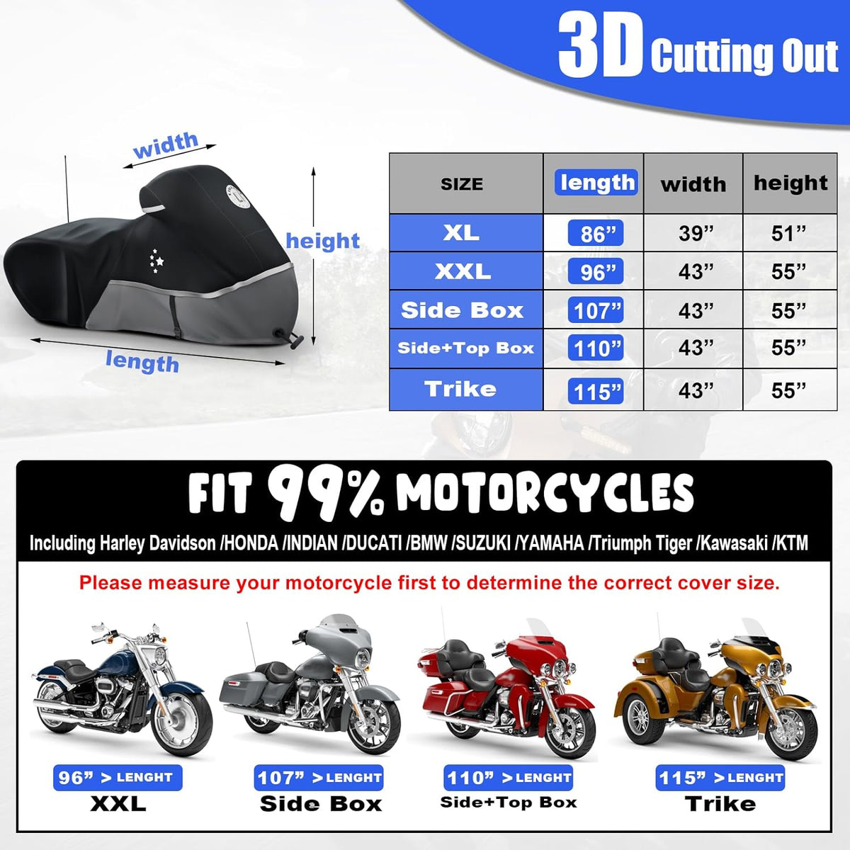 Motorcycle Cover 420D Heavy Duty All Season Universal Weather Waterproof Outdoor Protection 86" XL Vehicle Cover/Black