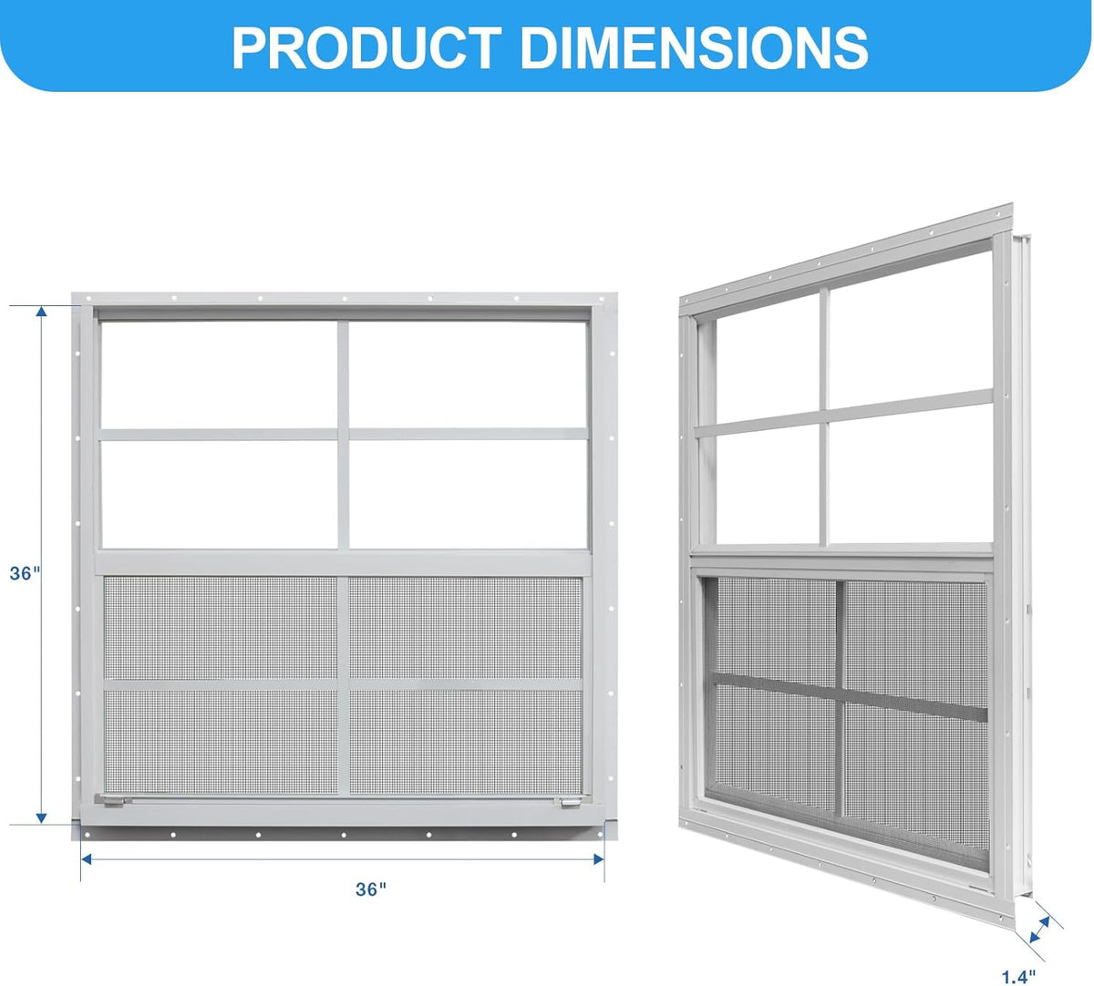NeatiEase Upgraded Shed Windows 2 Pack, 36" x 36" Windows with Tempered Glass and Stainless Steel Screen for Shed, Chicken Coop, Playhouse, Household, Garage(White)