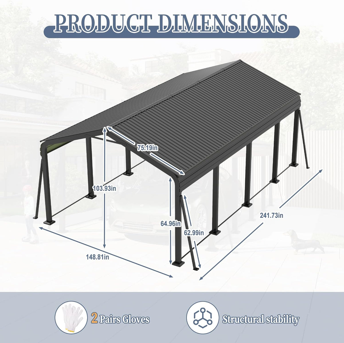 12x20 FT Metal Carport, Heavy Duty Car Port Canopy with Galvanized Steel Roof & Frame, Large Metal Carport Kit, Outdoor Car Garage, Steel Car Shelter for Car, Boat, Truck, Dark Gray