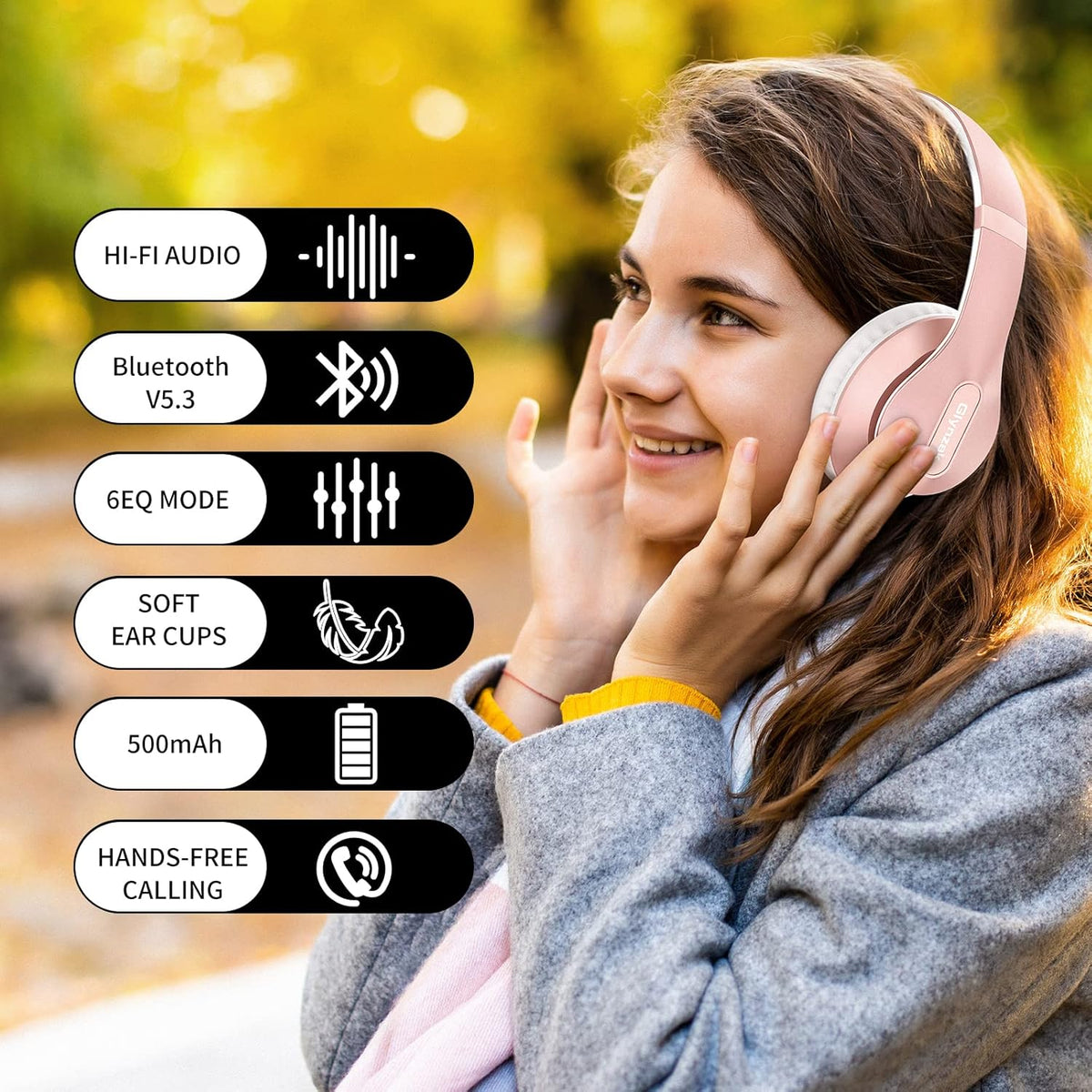Wireless Bluetooth Headphones Over Ear 65H Playtime HiFi Stereo Headset with Microphone and 6EQ Modes Foldable Bluetooth V5.3 Headphones for Travel Smartphone Computer Laptop Rose Gold