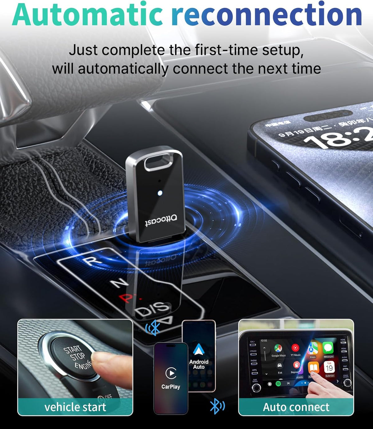 OTTOCAST Mini 2 in 1 Wireless Carplay Adapter & Wireless Android Auto Adapter for Apple iPhone Samsung or Other AndroidPhone, USB Bluetooth Car Accessories for OEM Wired Carplay/Android Auto Cars