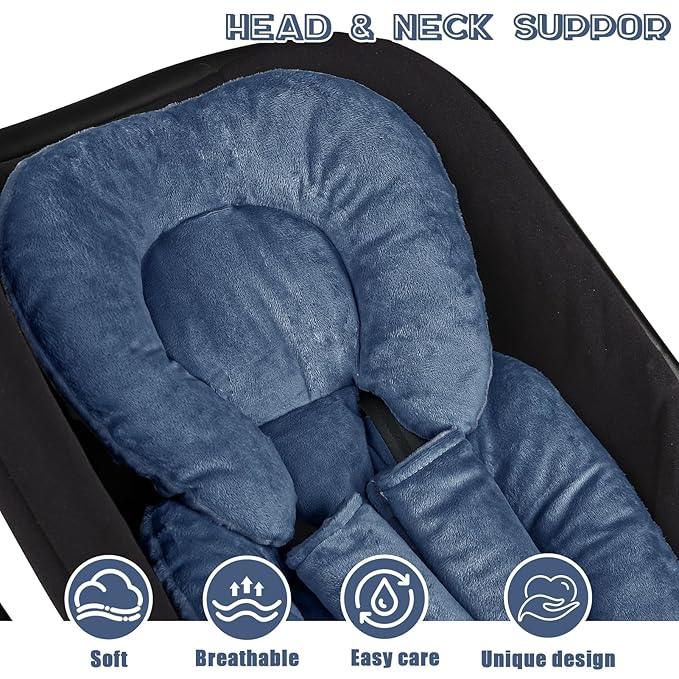 Infant Car Seat Insert Head and Body Support, GFU Reversible Newborn Insert for Carseat with Strap Pads, Soft Stroller Cushion Pillow Insert for Boys and Girls, Fits for Stroller, Swing, Blue