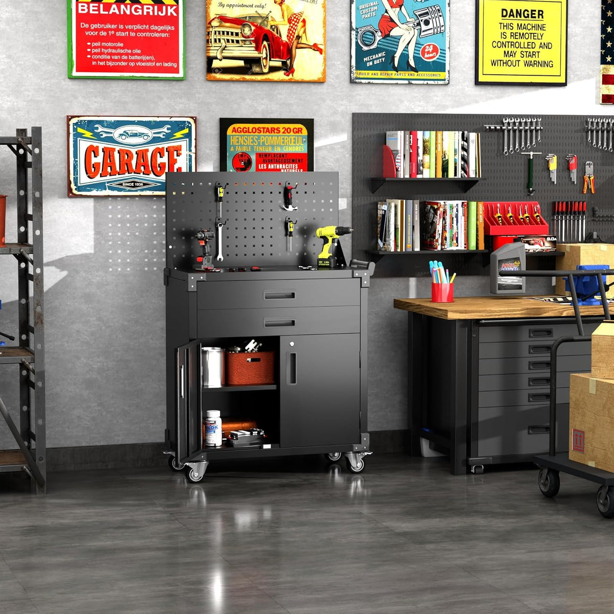 Black Tool Cart with Pegboard and 4 Hooks,Garage Storage Cabinet on Wheels with 2 Drawer,Industrial Service Utility Tool Cart for Mechanics, Garage, Workshop