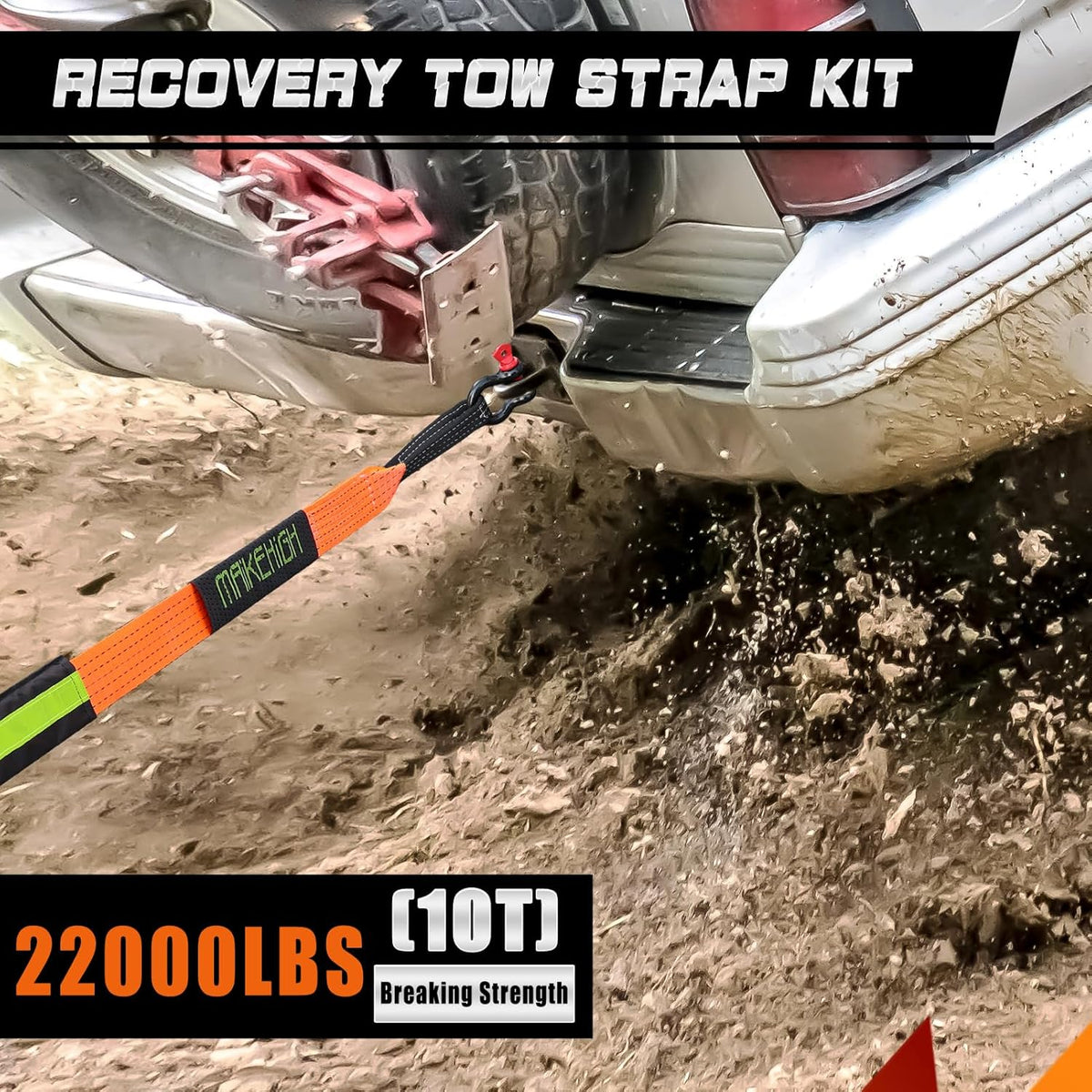 MAIKEHIGH Tow Strap Heavy Duty with Hooks, 2"×16ft 22,000Lbs Tow Rope with D-Ring Shackles (2pcs) + Protective Gloves (2pcs), Emergency Recovery Strap for Car Truck SUV ATV (Orange)
