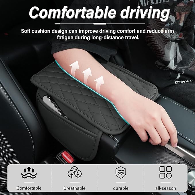 Amiss Car Center Console Cover, Upgraded Leather Car Armrest Cushion with 2 Storage Pockets, Universal Waterproof Cushion Pad, Non-Slip Car Interior Accessories, Fits Most Sedans SUVs Trucks (Gray)