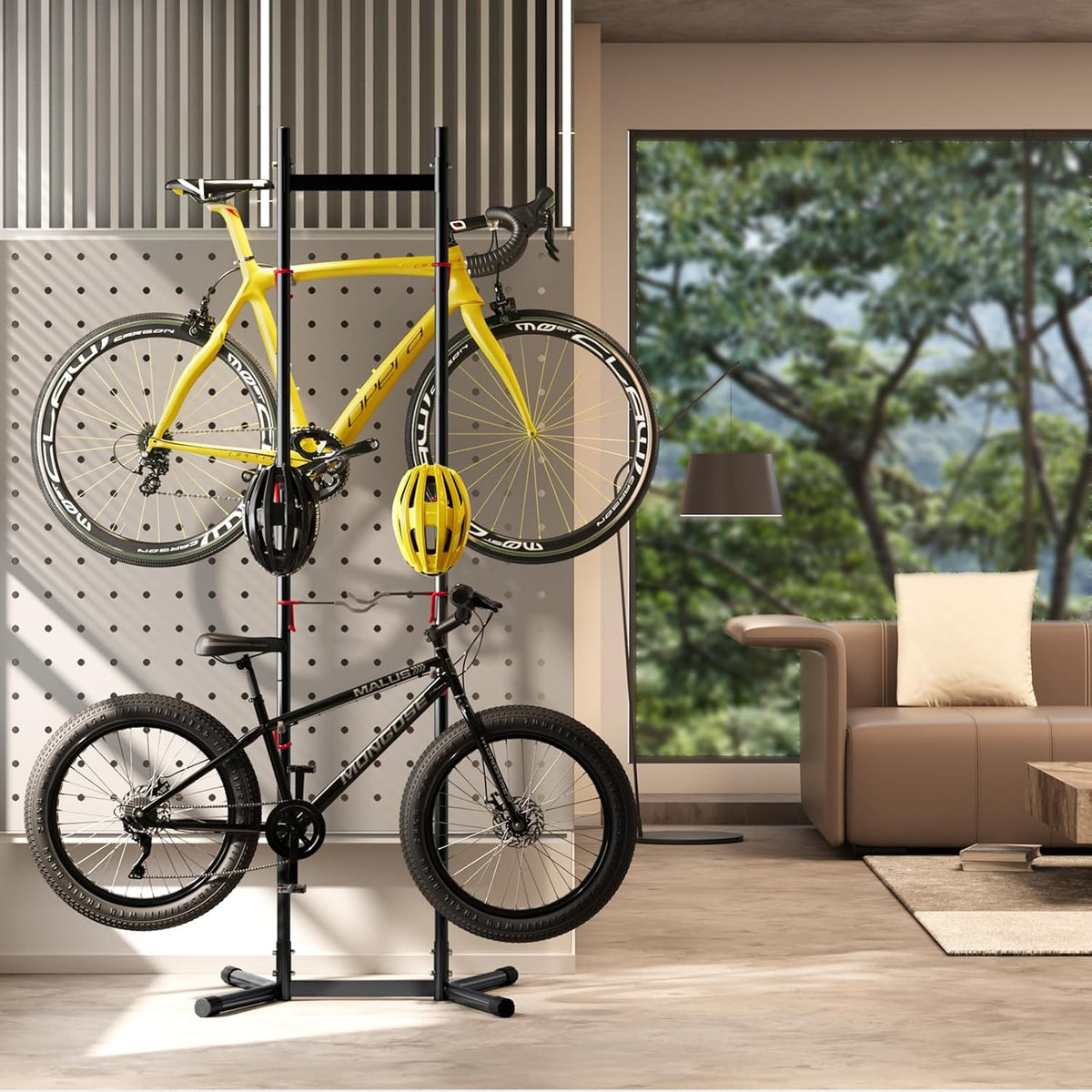 Urban Deco 2-4 Bike Storage Rack Garage Max154lbs, Freestanding Indoor Bike Rack with Adjustable Hooks, Vertical Bike Floor Stand for Road, Mountain and Hybrid Bike, Black