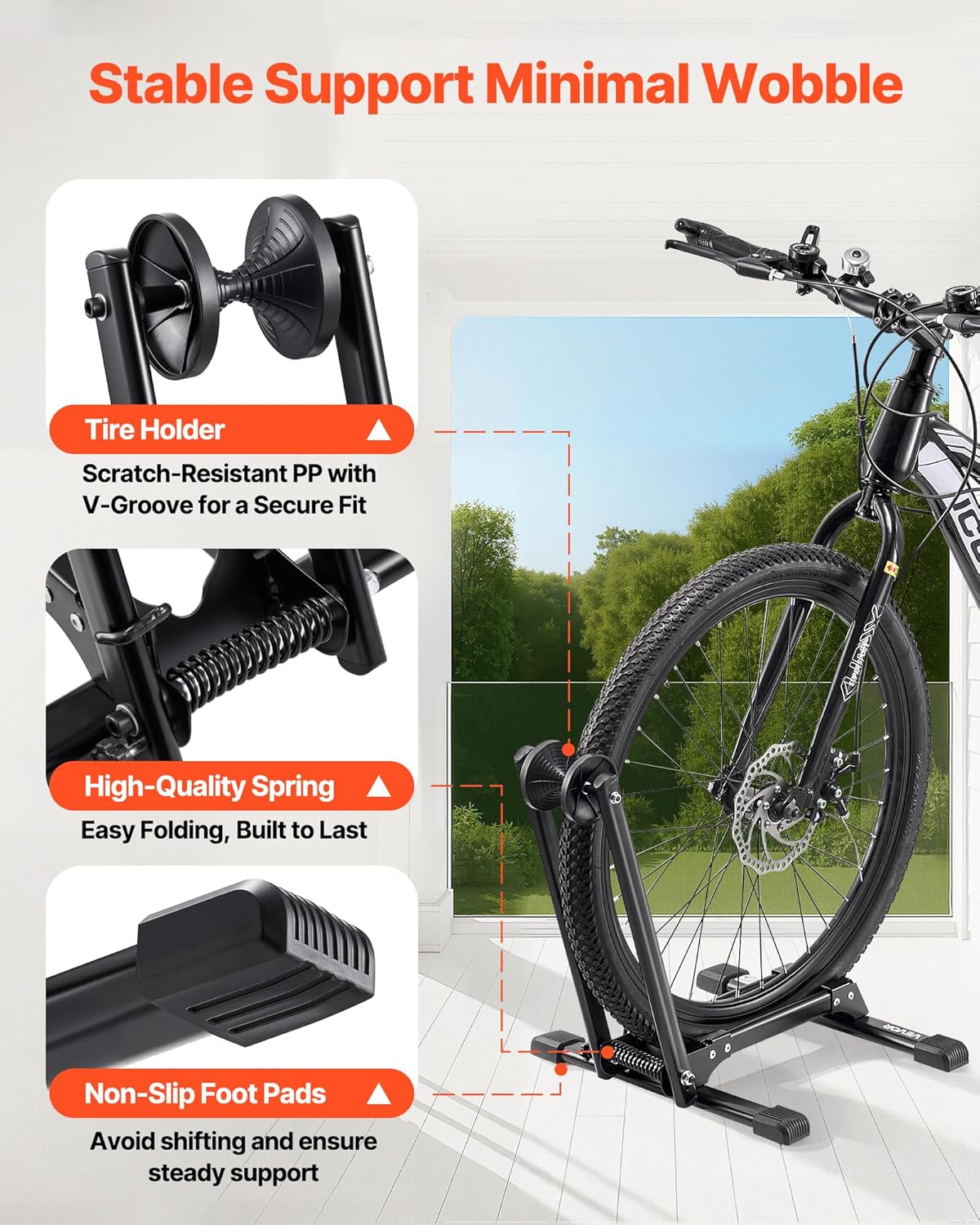 VEVOR Bike Rack, Fits 20 to 29 Inch Mountain & Road Bikes, Alloy Steel Rust-Resistant Bike Floor Stand Rack, Foldable Bicycle Stand for Entryway, Garage, Home Bikes Parking & Storage, 1 Pack, Black
