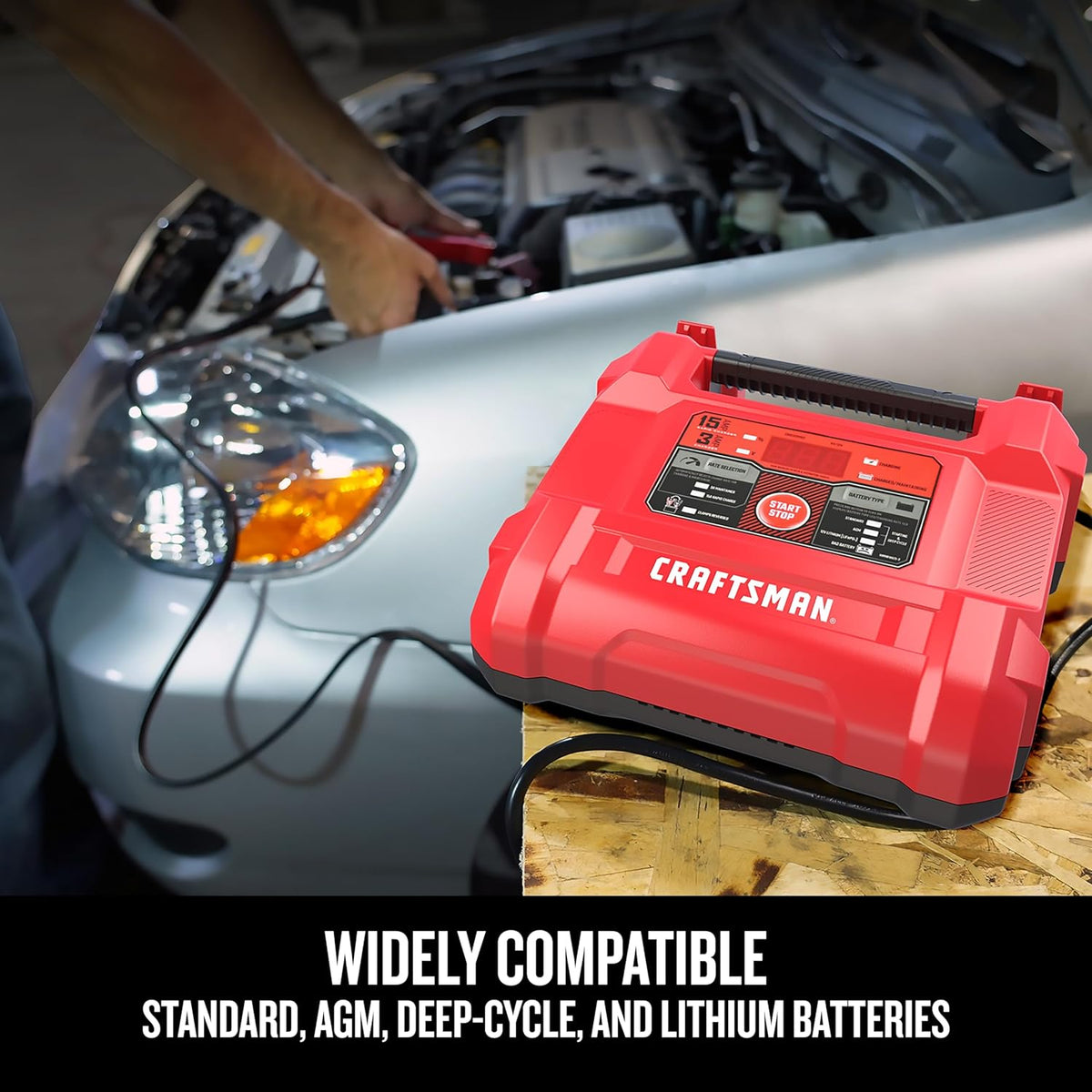 CRAFTSMAN Battery Charger and Maintainer, CMXCESM162, 4-in-1, Fully Automatic, Battery Tester, 15 Amps, 6 Volt, 12 Volt, for Car, SUV, Truck and Marine Batteries