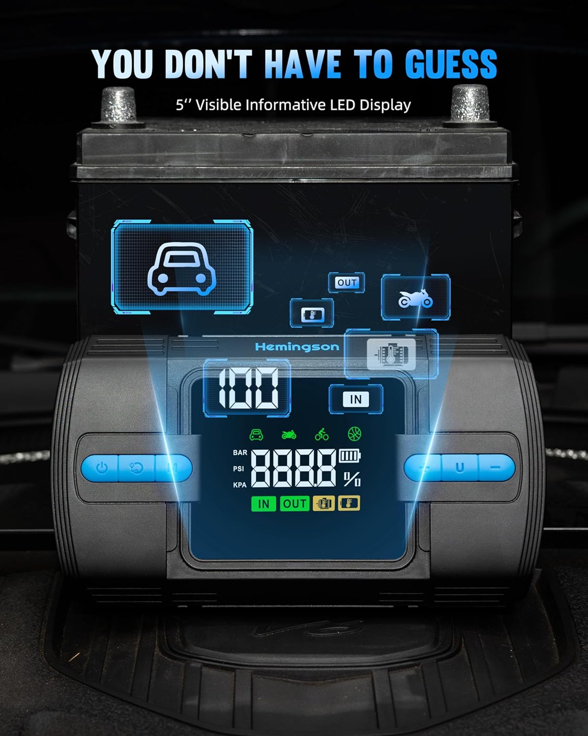 Jump Starter with Air Compressor, 3000A 160PSI Car Battery Jump Starter for 9.0L Gas & 8.0L Diesel Engines, 12V Portable Car Jumper with LCD Display & 4-Mode LED Flashlight