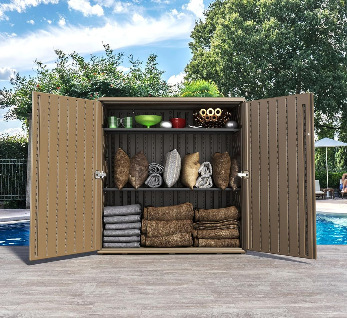 HOMSPARK Indoor/Outdoor Storage Cabinet with Doors and Shelf, 34”x16”x36” HDPE Plastic Storage Box for Bedroom, Bathroom, Living Room, Balcony, Multi-Purpose for Toys, Kitchen Tools, Coffee