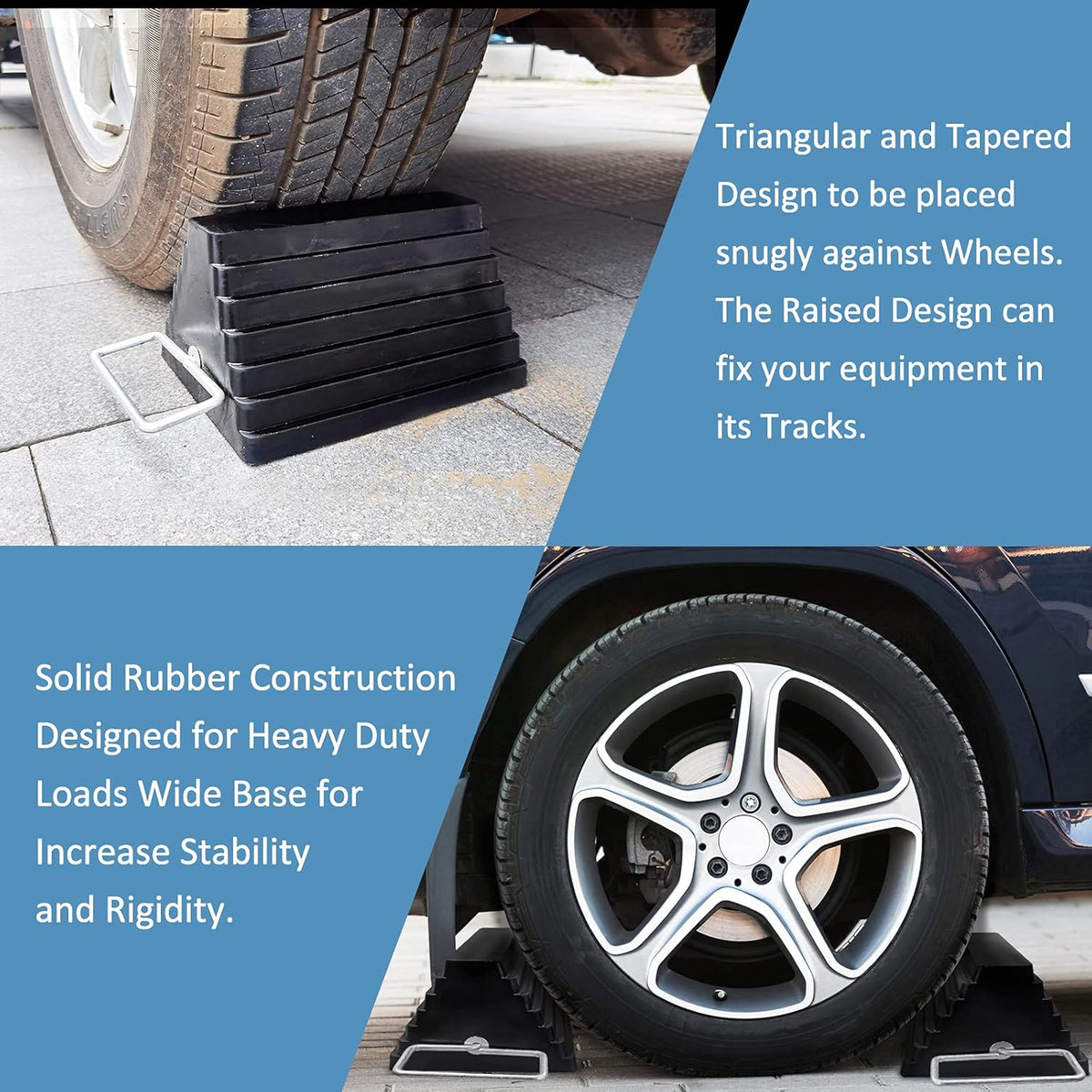 2 Packs Rubber Heavy Duty Wheel Chocks for Travel Trailers with Eye Bolt, Solid Wheel Chock Stopper for Camper, RV, Cars and Truck, Black, 9" Length x 7.1" Width x 5.5" Height