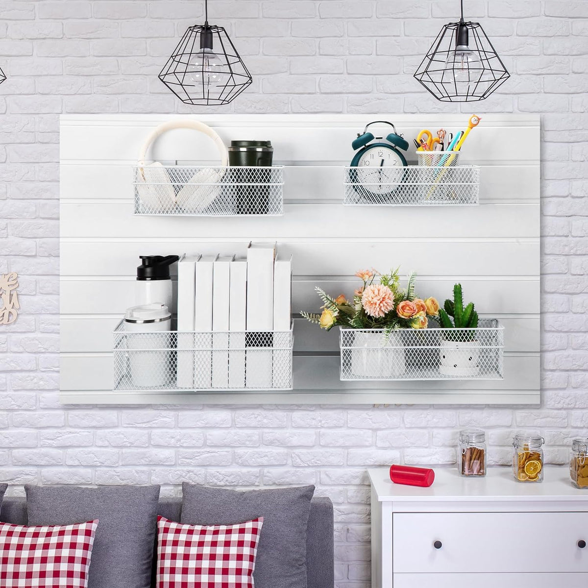 Barydat 4 Pcs Slatwall Basket Set Ventilated Metal Slatwall Basket Hanging Wire Bins Wall Mounted Accessories for Panel Garage Storage Display Organizing(Multi Size,White)