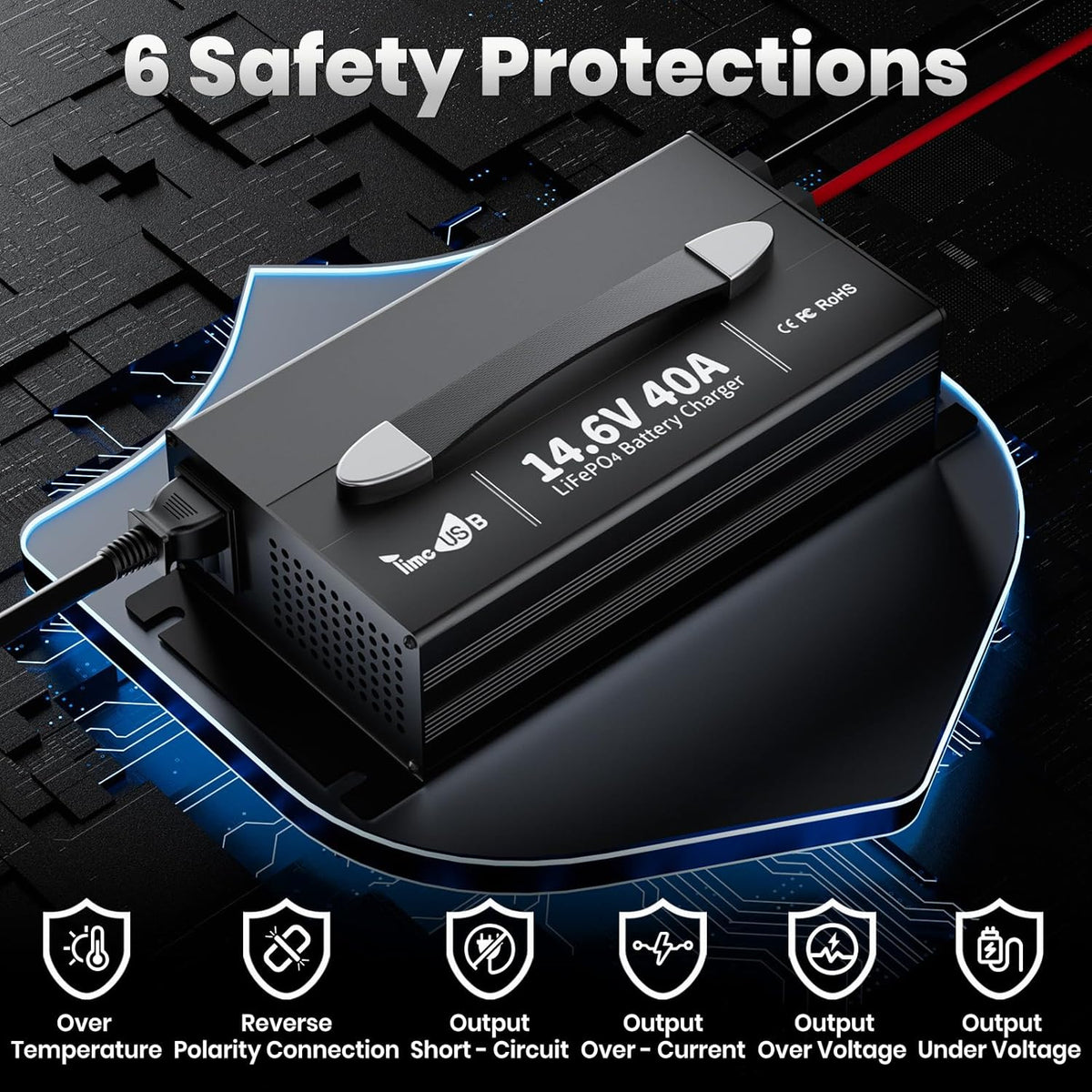 UltraFast 12V 40A LiFePO4 Battery Charger with Smart Activation, LED Indicator & Wire Lugs - Wall-Mountable Design