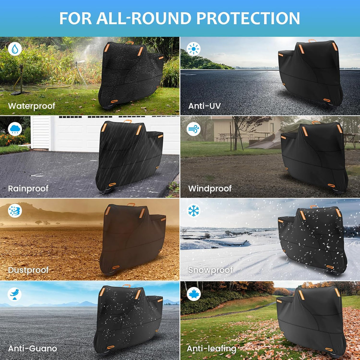 Motorbike Cover Waterproof Outdoor, Motorcycle Scooter Moped Cover Sun Rain Dust Protection with 4 Reflective Strips and 2 Windproof Buckles, 2 Lock-Holes for Cruisers Sportbikes (1XL: 91x37x49 inch)