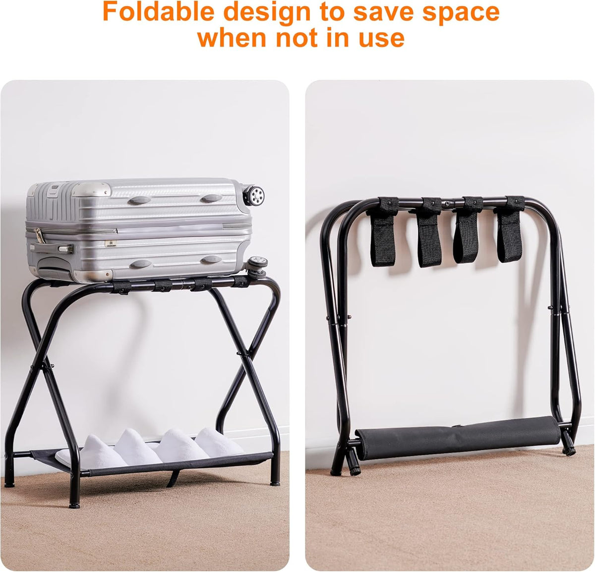 Heybly Luggage Rack, Steel Folding Suitcase Stand with Storage Shelf for Bedroom, Hotel, Foldable Steel Frame, Guest Room Bedroom Hotel, 22.8" L x 11.8" W x 20.9" H, Black HLR004B1