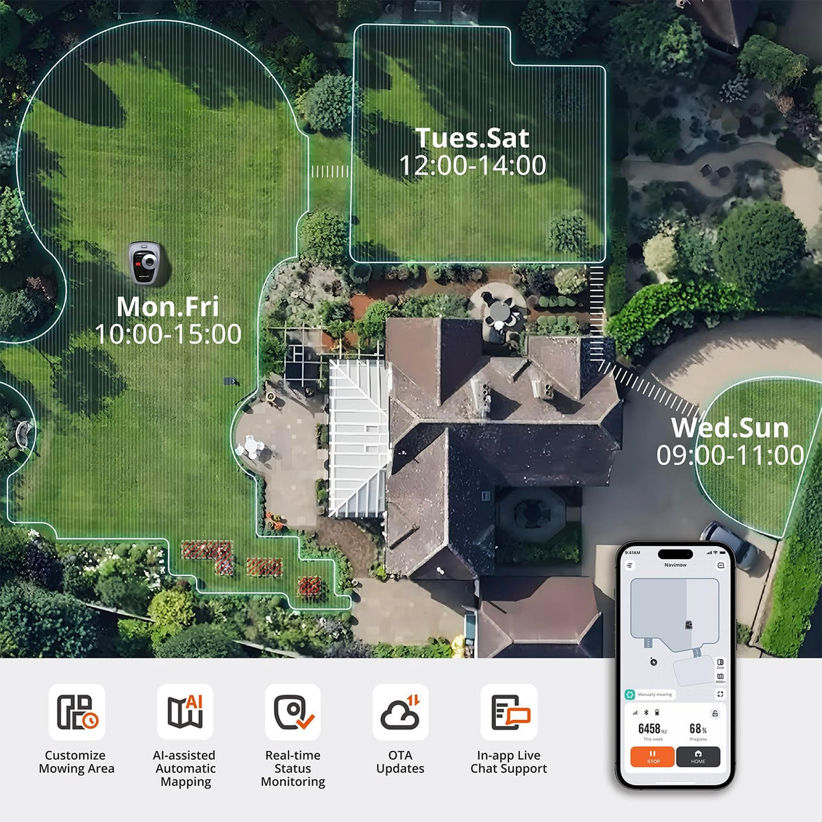 Segway Navimow i105N Robot Lawn Mower Perimeter Wire Free 1/8 Acre RTK+Vision Robotic Lawnmower, AI-Assisted Mapping, Virtual Boundary, APP Control, 58dB(A) Quiet, Multi-Zone Management