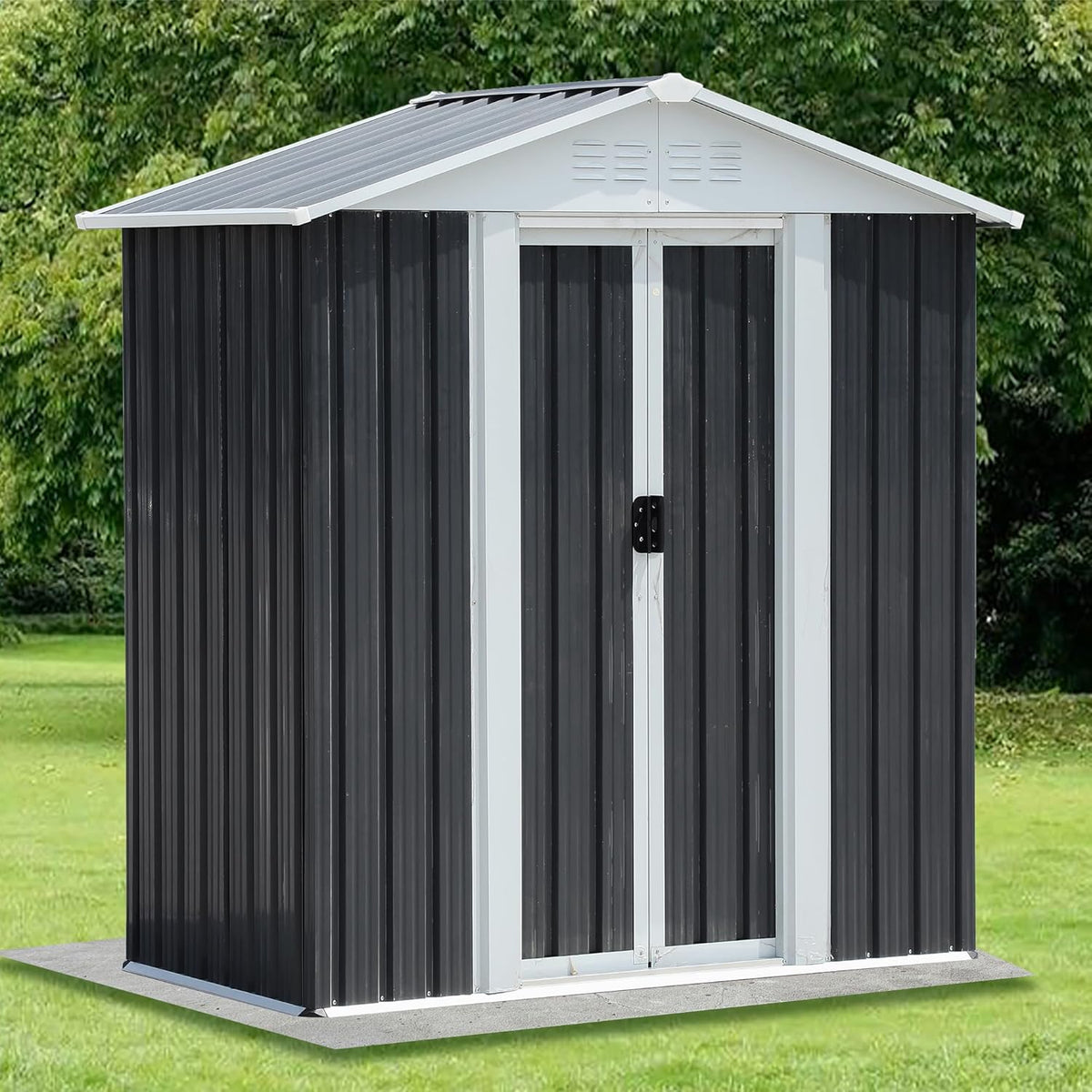 5x3 FT Outdoor Storage Shed, Metal Garden Shed with Frame Floor, Small Outside Tool Shed with Lockable Sliding Doors & 4 Air Vents, Waterproof Storage Building for Backyard, Patio, Lawn, Gray