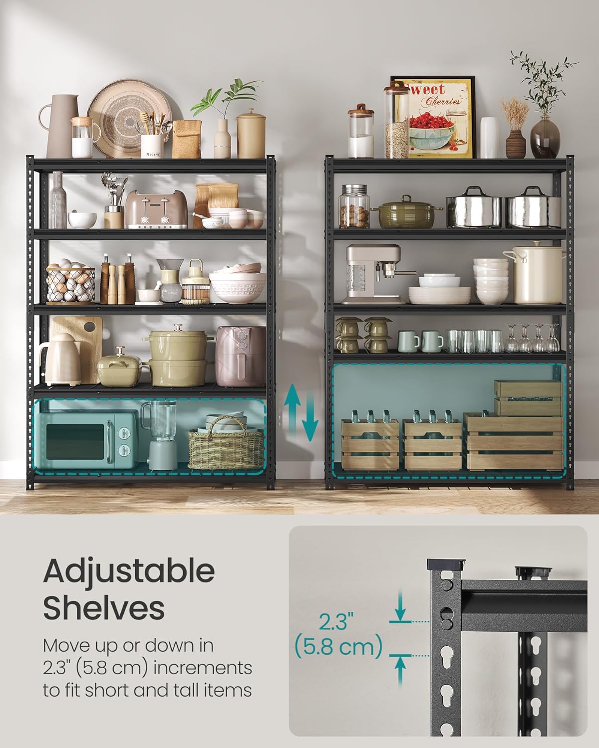 SONGMICS 5-Tier Storage Shelves Set of 2, Heavy-Duty Garage Shelving, Adjustable Shelving Unit, Steel Shelf, Boltless Assembly, for Garage, 2,200 lb Load, 24 x 96 x 72 Inches, Ink Black UGLR454B02