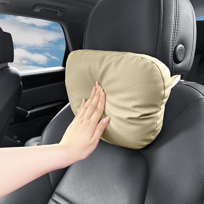 Car Neck Pillow, 2 Pack PU Leather Car Headrest Pillows with Adjustable Strips, Car Neck Support Ergonomic Du-Pont Bio Cotton Pillow, Head Rest Travel Pillow for Car (Beige, Soft Style)