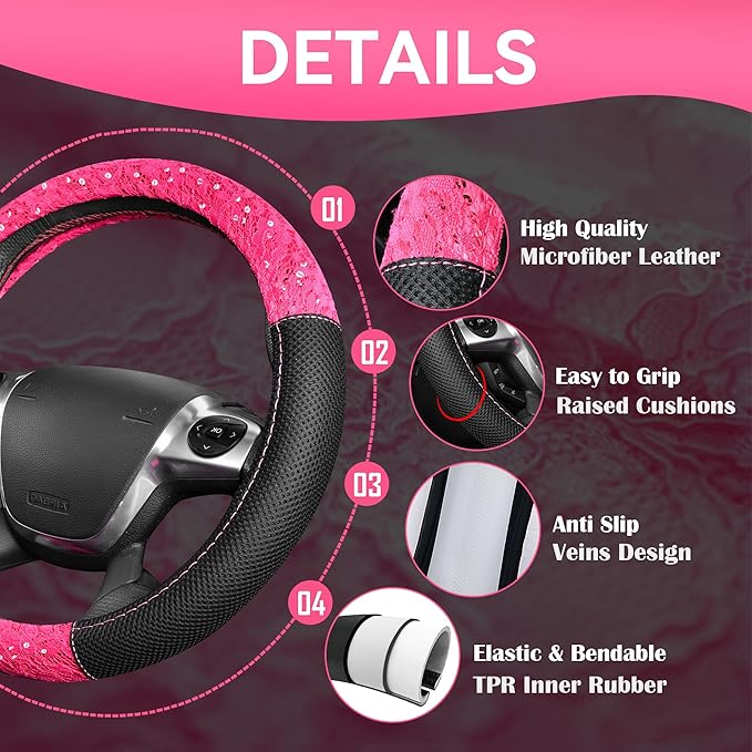 CAR PASS Universal Leather Pink Lace Car Seat Covers Full Set for Women Girls, Waterproof Car Floor Mats Carpet, Steering Wheel Cover for Car Accessories Interior Sets 10PCS Included