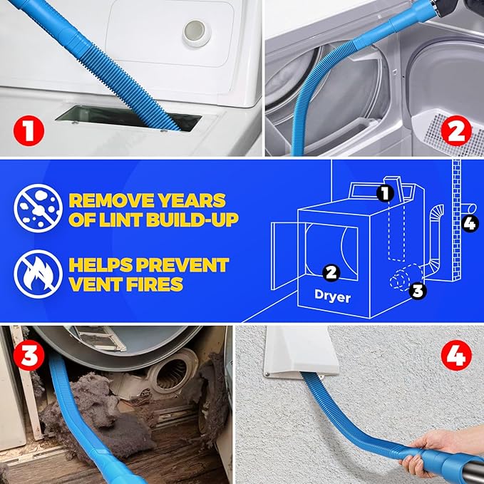 Holikme Dryer Vent Cleaner Kit Dryer Lint Vacuum Attachment Brush, Lint Remover, Dryer Vent Vacuum Hose Replacement Parts,Duct Cleaning,Blue