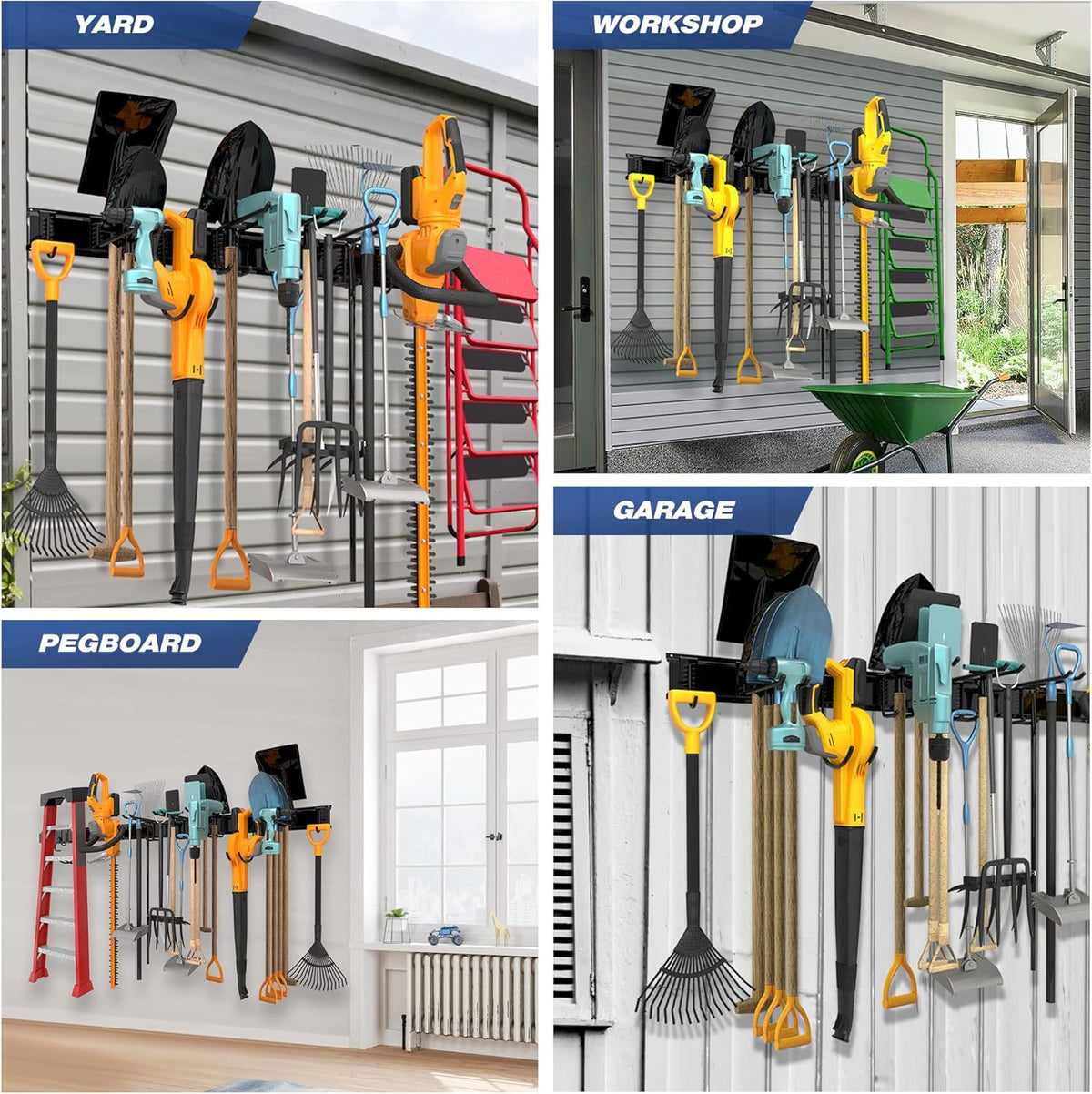 Garage Tool Storage Rack, Heavy Duty Garage Storage Organizer Rack System Wall Mounted Tool with 6 double hooks, 2 rails, Garden Yard Tools Hanger Rack for Ski Gears, Broom, Rake,Shovel