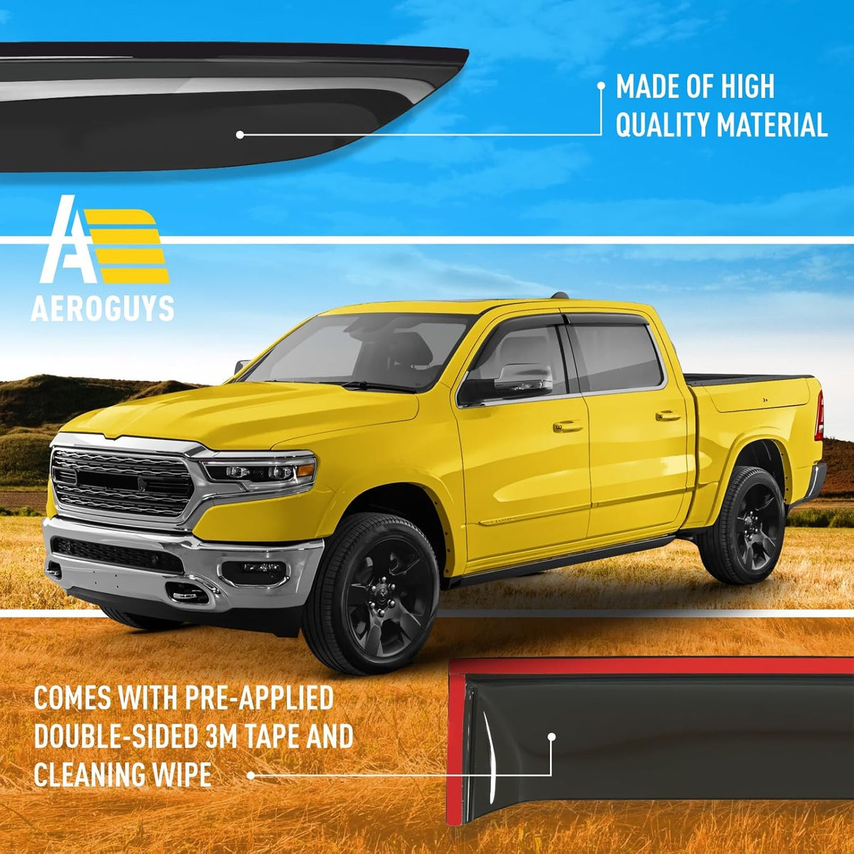 Extra Durable Window Deflectors Tape-On Window Visors Rain Guards Fit for Dodge Ram 1500 (New Body Style) 2019-2025 Crew Cab, Sun Visors, Wind Vent for Shades, Exterior Car Accessories - 4pcs. AG0717