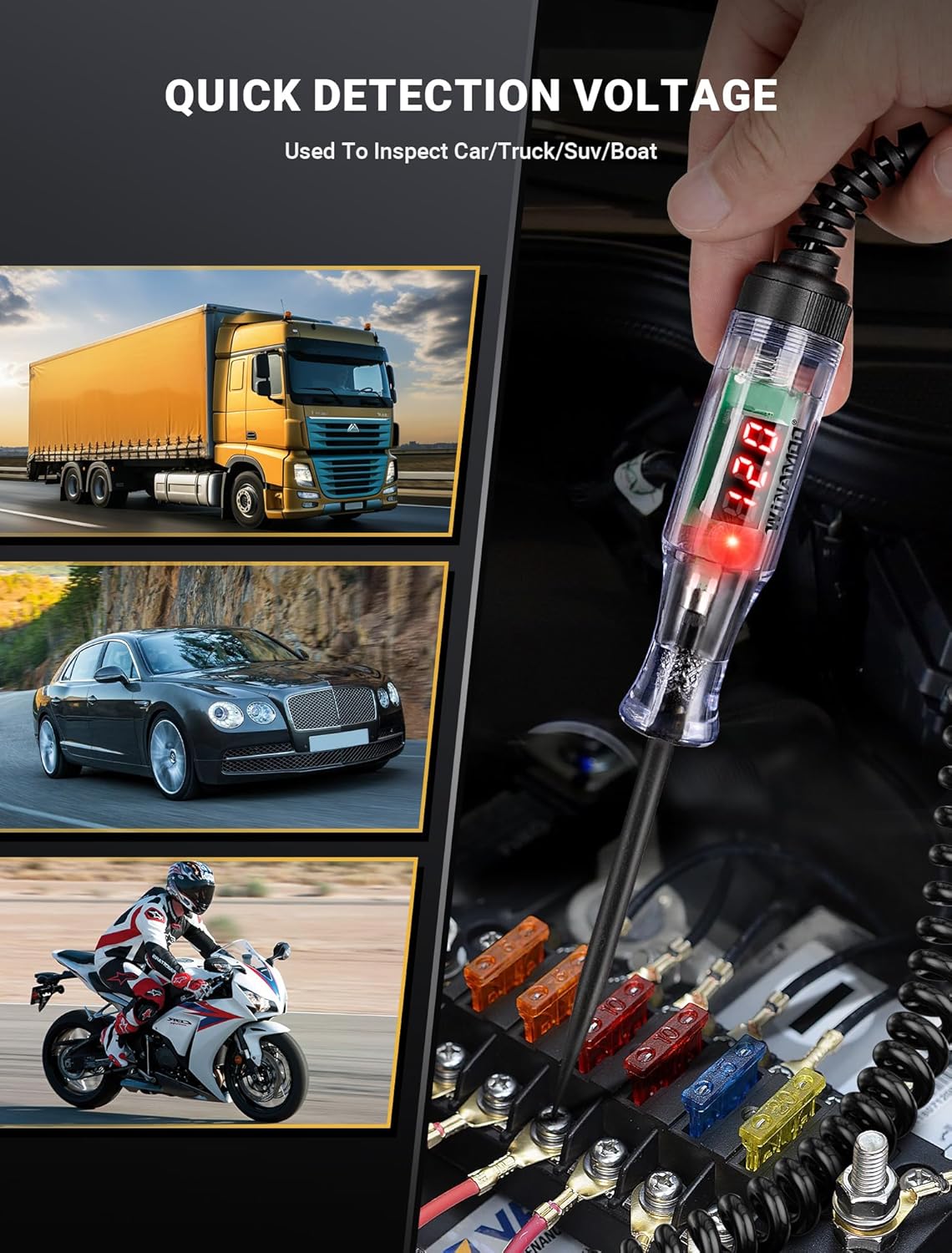 Automotive Test Light with 3-48V LED Digital Voltage Display, Auto Circuit Tester with Voltmeter & Dual Color Polarity Indicate, Electric Test Pen w/Stainless Probe for Car/Truck/SUV Checker