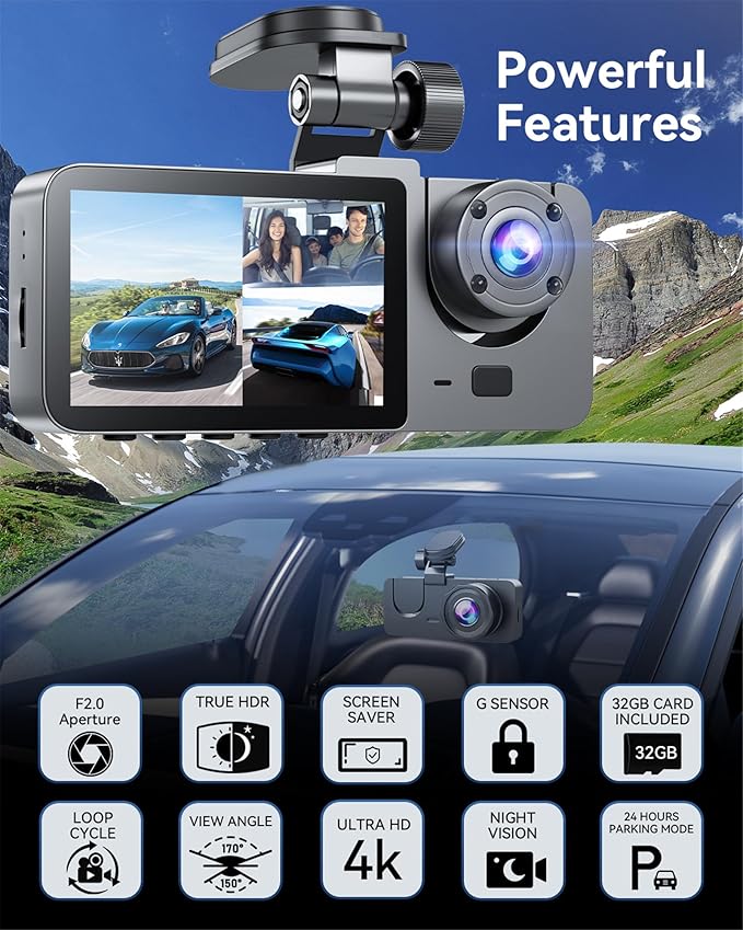 Dash Cam Front and Rear Inside 3 Channel, 4K Full UHD Dash Camera for Cars Built-in 32GB Card with IR Night Vision, 24 Hours Recording, Loop Recording, G-Sensor (Black)