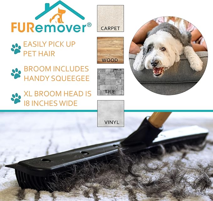 FURemover PRO Pet Hair Rubber Broom with Squeegee, 58” Telescopic Handle for Carpet, Tile and Hardwood