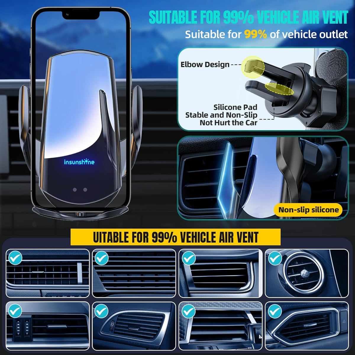 Wireless Car Charger, MAX 15W Fast Charging Auto Clamping, Sensing Phone Holder Mount, fit for iPhone 16 15 14 13 12 Pro Max Xs X, Samsung Galaxy S24 Ultra S23 S22 S21 S20 Note20 (2-Black)