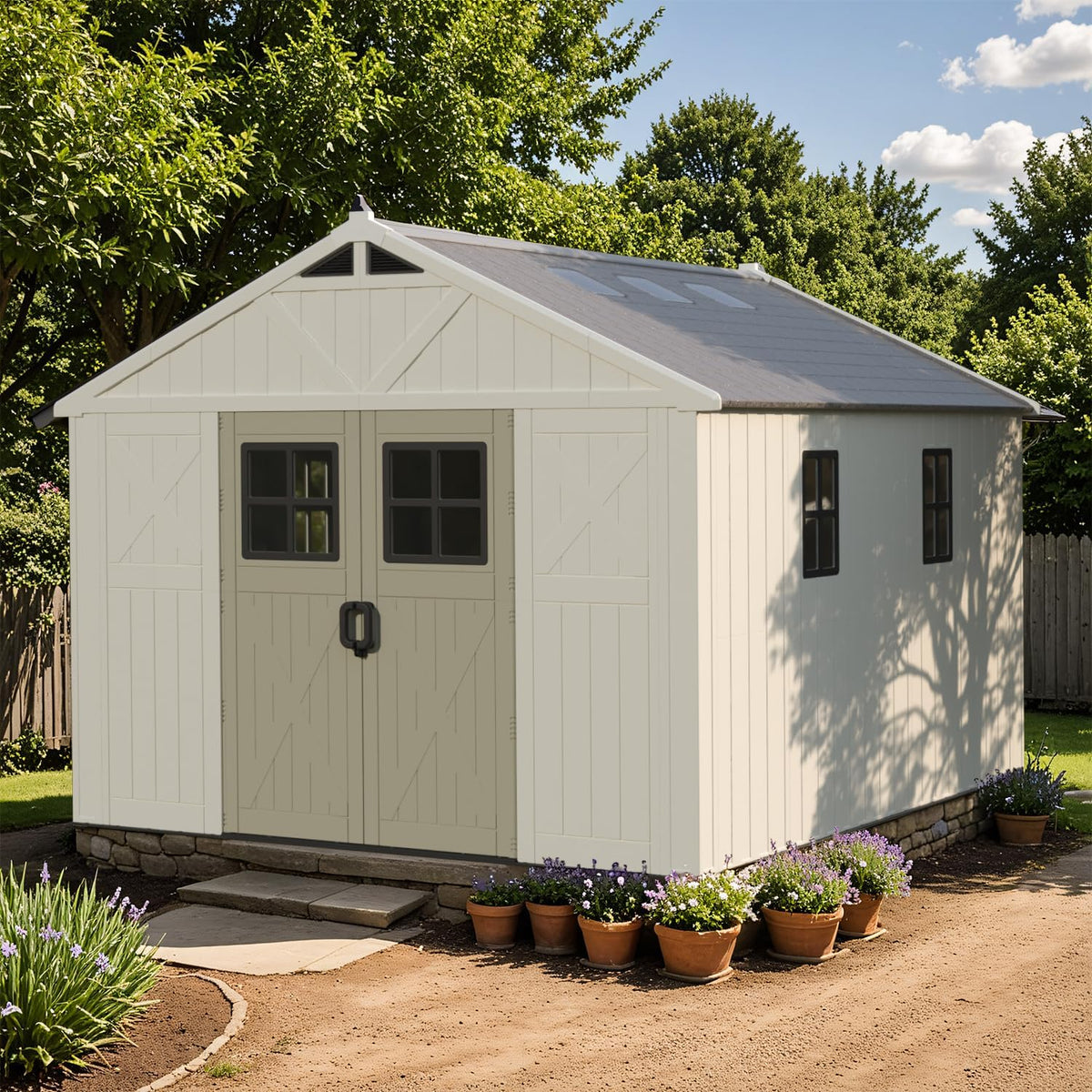 Patiowell 10x12 FT Outdoor Storage Shed with Floor and Lockable Door, All Weather Plastic Shed Garden Shed with Skylight and Multiple Windows for Backyard, Patio, Lawn, Beige