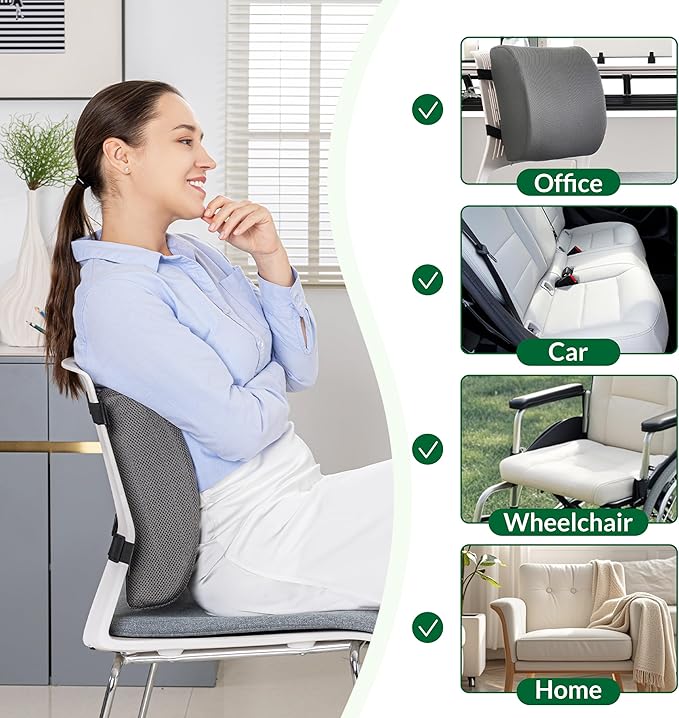 Lumbar Support Pillow for Office Chair and Car,Back Support for Office Chair,Charcoal Memory Foam Back Cushion with Breathable Mesh Cover,Double Adjustable Straps,Grey