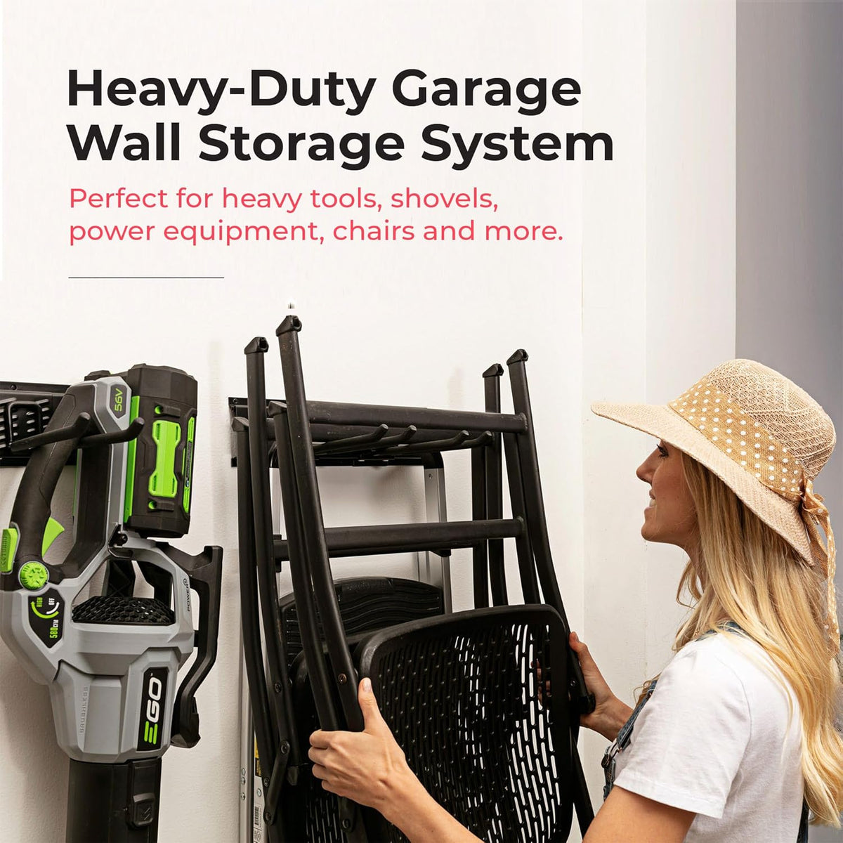 Heavy-Duty Garage Wall Storage System | Wall Mounted Tool Organizer Rack with Shelving | 10-Piece Mounting Kit | Includes 4x8.5” Adjustable Hooks & 2x16.5” Floating Utility Shelves