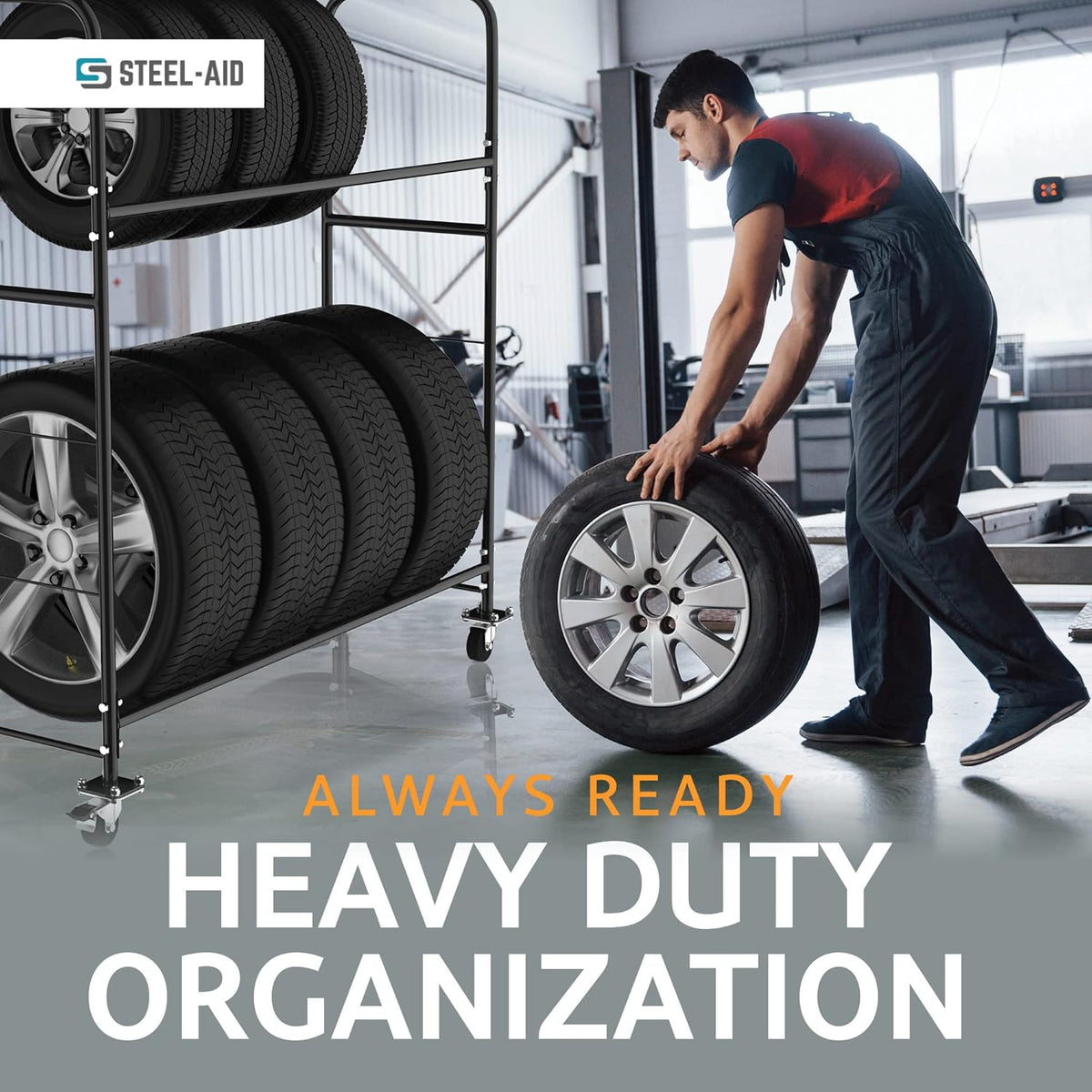 STEELAID Tire Storage Rack - Rolling Rack for Garage - Indoor/Outdoor Shelves 60 inch Organizer