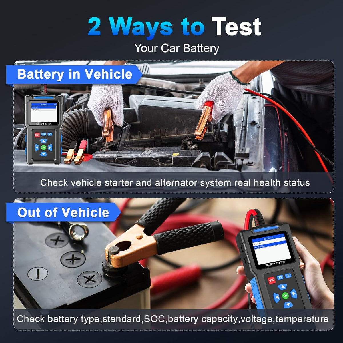 Battery Load Tester 12v Automotive, 20-2000 CCA Car Battery Tester and Alternator Tester for 24V Vehicles, BT300