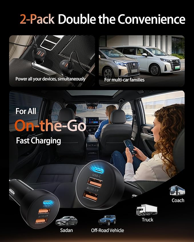 USB C Car Charger, 2 Pack 70W 3-Port PD/QC Fast Charging Cigarette Lighter USB Charger Car Phone Adapter Accessories for iPhone 17/Air/16/15/14/13/12 Pro Max, iPad, Pixel, Galaxy S25/S24/S23, Android