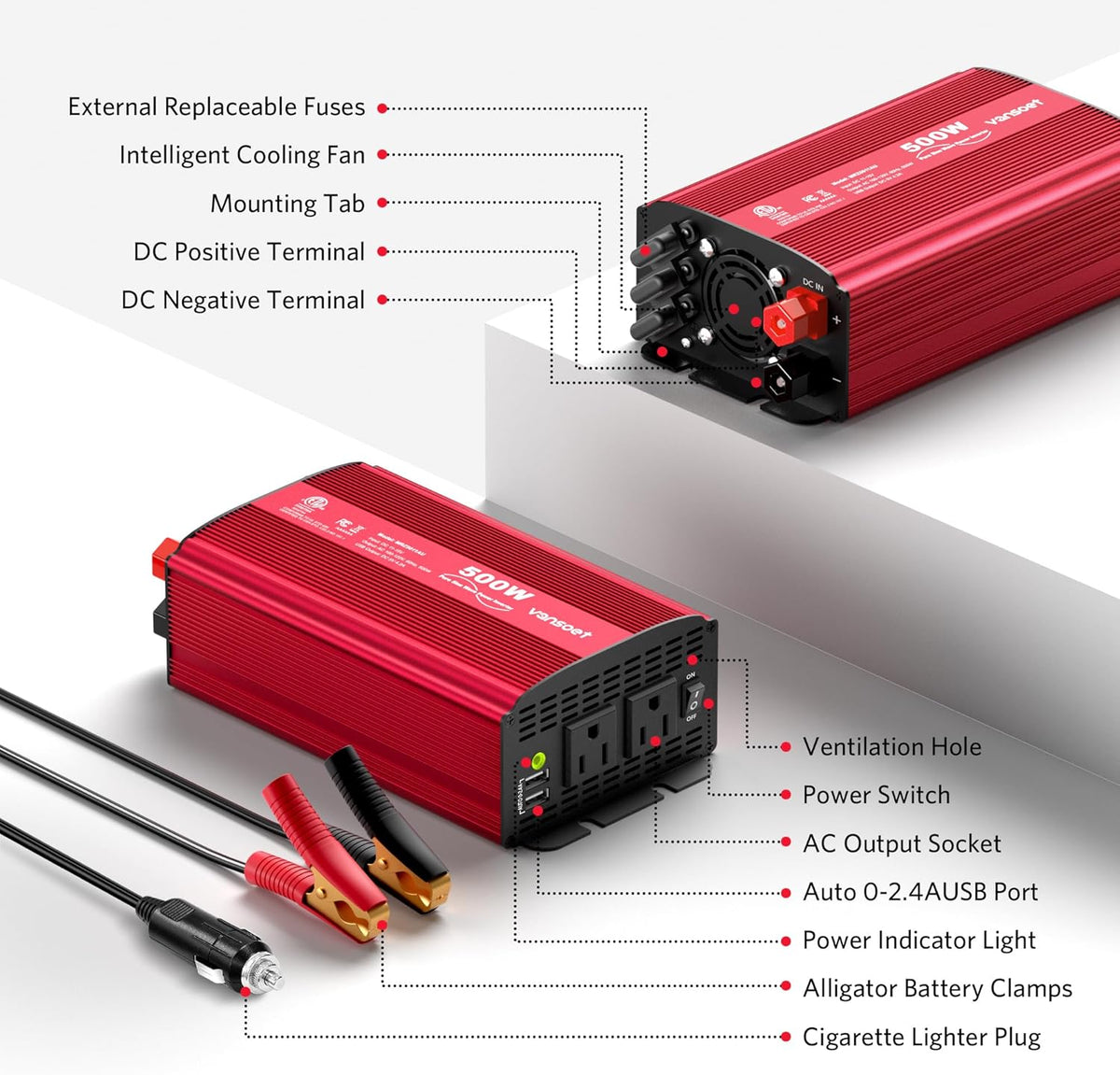 500W Pure Sine Wave Power Inverter, DC 12V to 110V AC Car Plug Inverter Adapter with 4.2A Dual USB Charging Ports and 2 AC Outlets Car Charger (Red)
