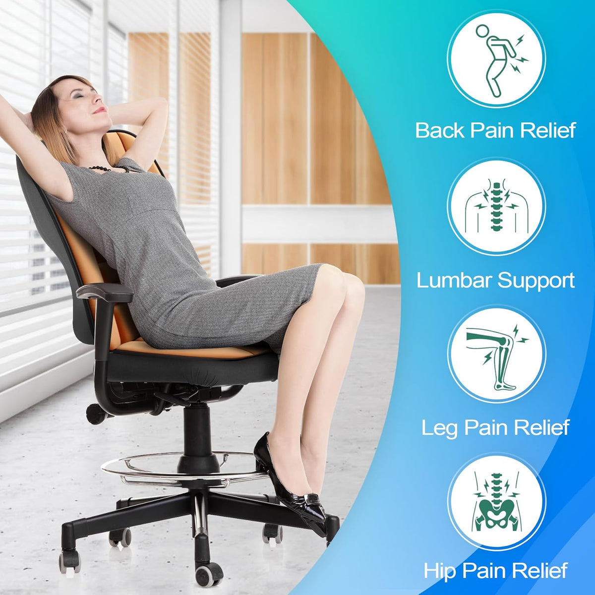 MYFAMIREA Car Seat Cushion and Back Support Pillow 1.2'' Thick Memory Foam Desk Chair Cushion Back Support for Automotive Seat Driver, Travel, Leg and Back Pain Relief, Washable, Adjustable, Orange