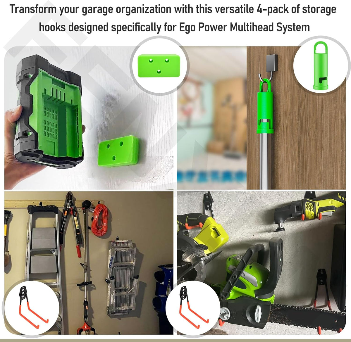 4 Pack Garage Storage Hooks Attachment for Ego Power Multihead System | Battery Mount Holder for Ego 56v Trimmer and Edger | Garage Hooks for Hanging Bike, Garden Tools