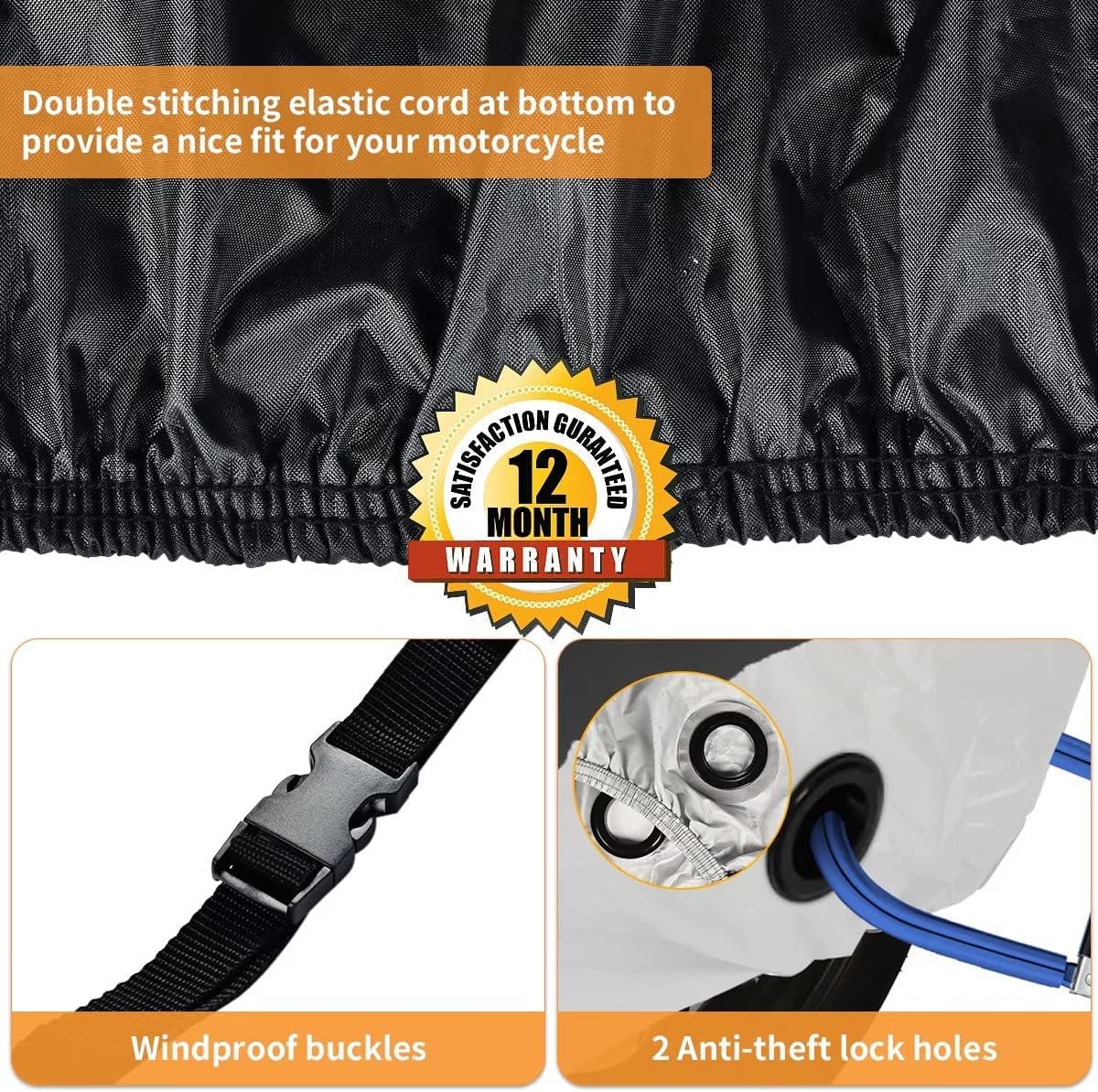 Motorcycle Cover Waterproof Outdoor, Coverado All Weather Protection Motorbike Cover with Lockholes and Night Reflector, Universal Fit for Harley Davidsion Yamaha Honda Suzuki etc (up to 111" Motors)