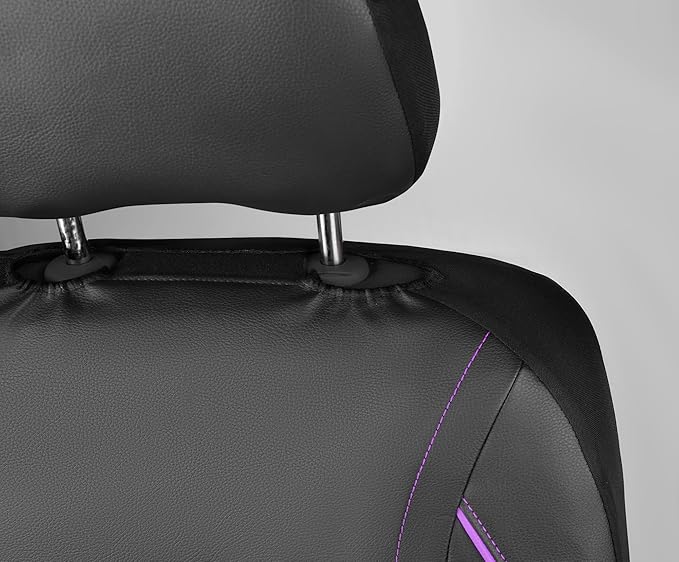 CAR PASS Universal FIT Piping Leather Two Front Seat Covers, Waterproof Faux Leather for SUV Sedan Van Truck, Airbag Compatible,Reserved Opening Holes for Headrest Covers(Black and Purple)