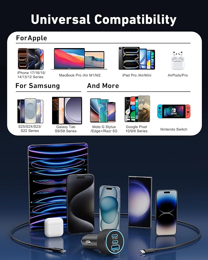 USB C Car Charger, 3-Port 67W Dual USB-C & USB-A Car Power Adapter PD/QC Fast Charging Cigarette Lighter for iPhone 17/16/15/14/13/12/11 Pro Max, iPad, Samsung Galaxy S25 S24/S23/S22, Pixel, Android