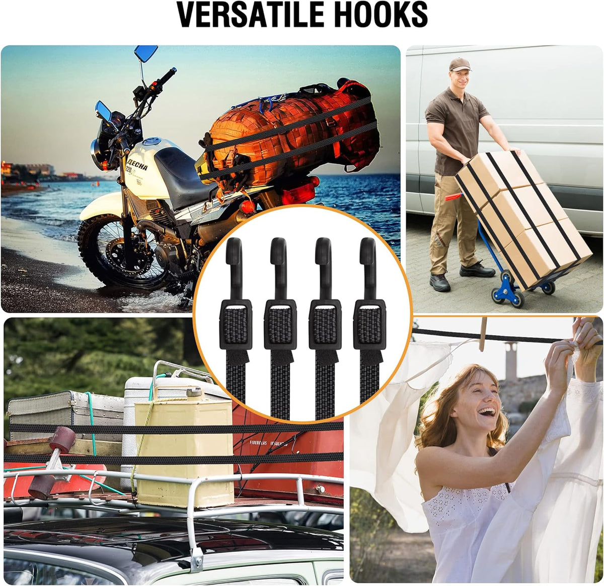 Bungee Cords with Hooks Heavy Duty, Flat Adjustable Bungee Cords with Hooks 80 Inch, Rubber Black Bungee Straps with Buckle Hooks for Outdoor, Camping, Tarps, Bike Rack, Tent, Truck, 4 Pack