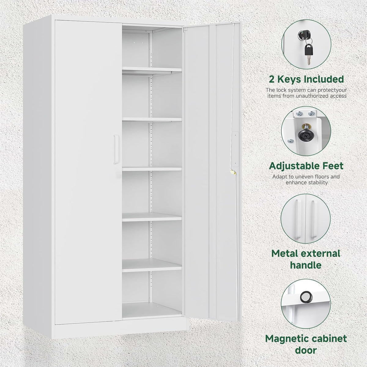 Letaya Metal Storage Cabinets with Lock Door,Steel Locker Garage Cabinets 5 Adjustable Shelves for Home,Office, Warehouse(White)