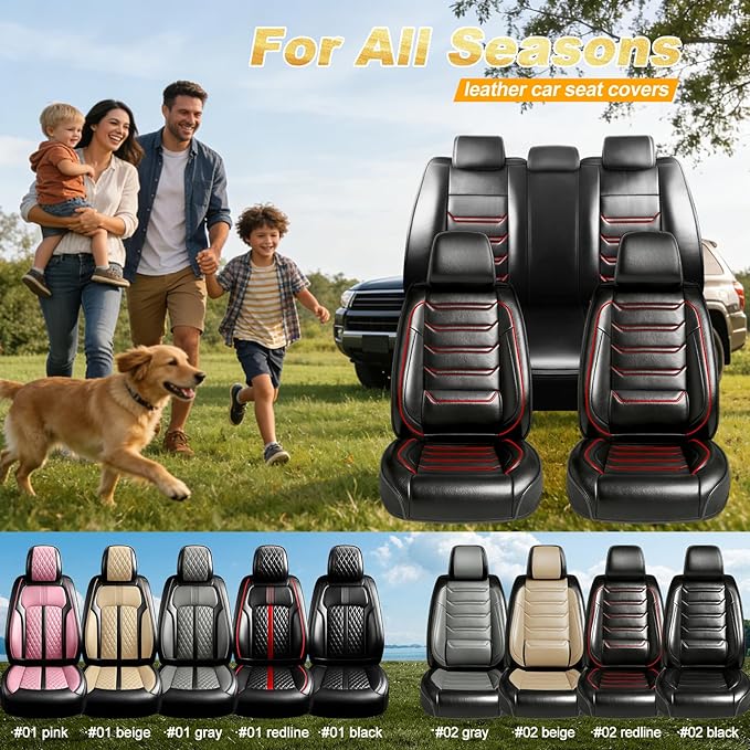 Fit Accord Car Seat Covers for Select Honda Accord 2012-2026 - Premium Full Coverage Leather, Airbag Compatible, Waterproof & All Weather Seat Cushion Protector, Full Set, Black with Red Trim