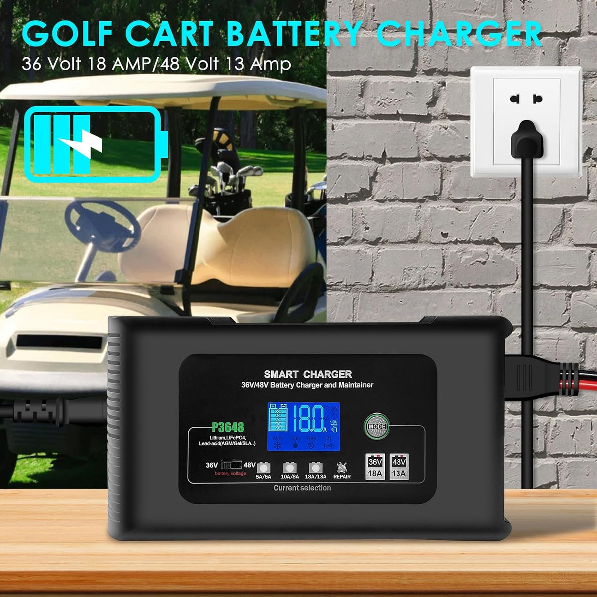 36V/48V Golf Cart Charger, 18Amp Smart Charger, Trickle Battery Charger Maintainer, D-Plug, Lithium, LiFePO4, Lead-Acid AGM/Gel/SLA, EZGO TXT, Car, Boat