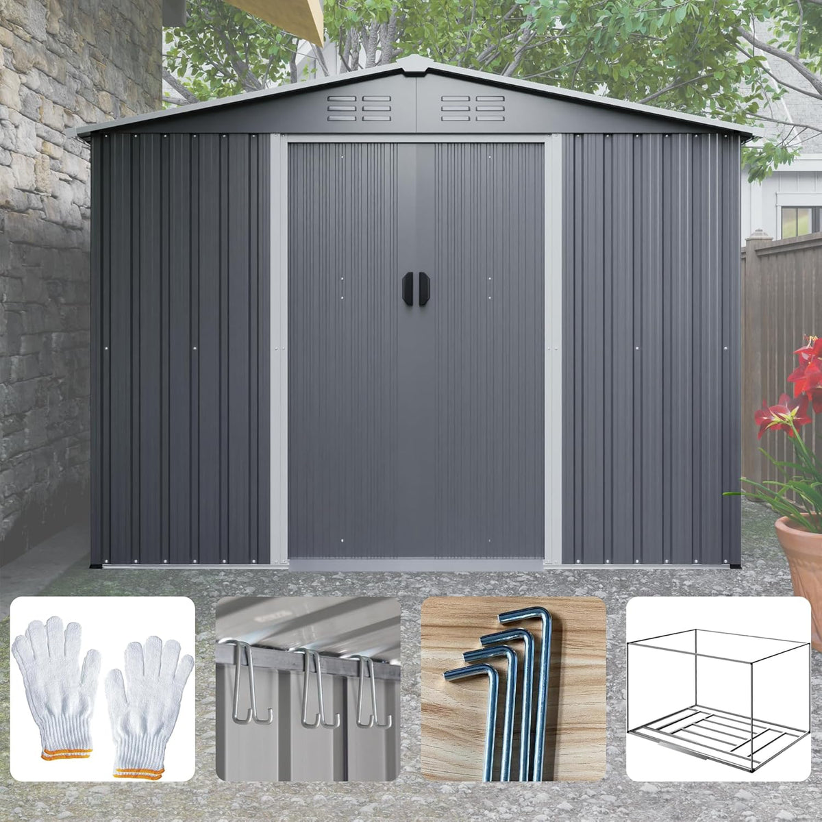 8x6 FT Outdoor Metal Storage Shed with Lockable Door & Floor Frame, Heavy-Duty Garden Tool Shed, Weatherproof Steel Utility Shed for Backyard, Patio, or Lawn Organization